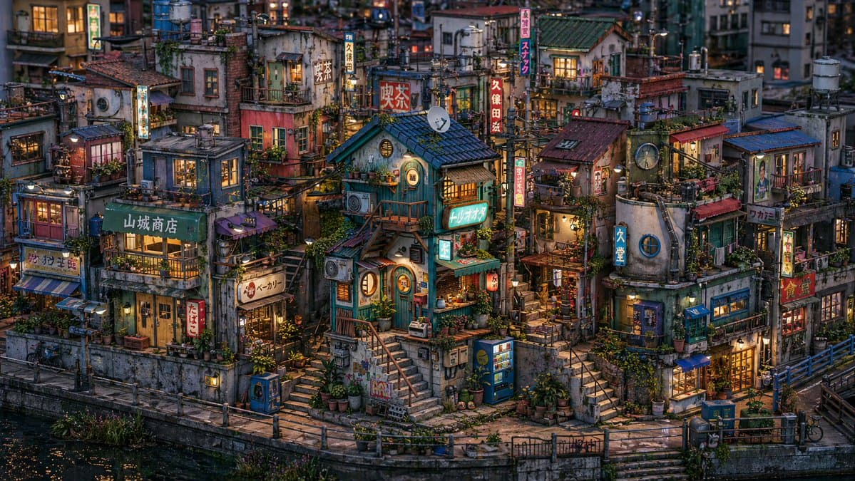 황혼 운하 일본 디오라마 — generated asset