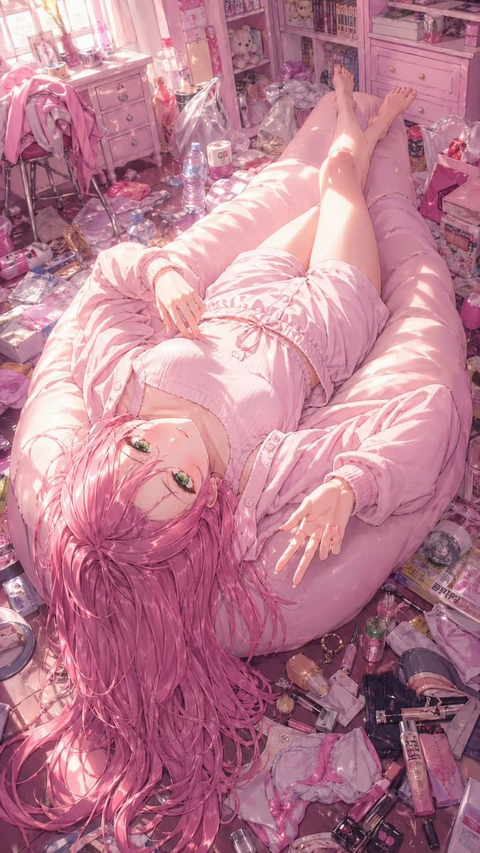 분홍 톤 침대방의 애니 소녀 — generated asset